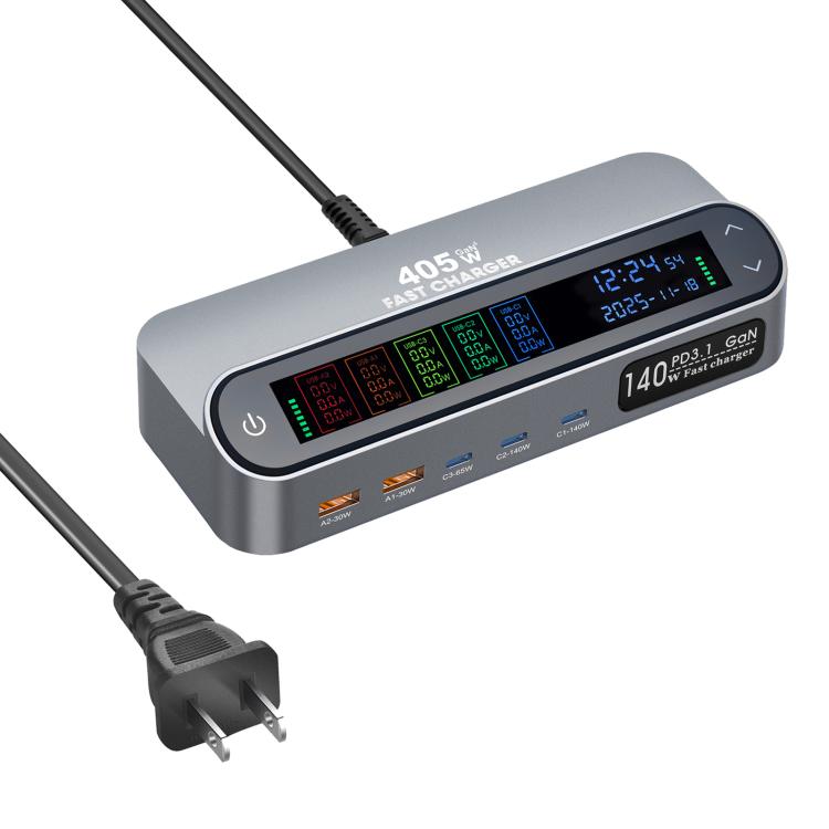 YMX-LCD405W 405W 3xType-C and 2xUSB GaN Smart Digital Display Multi-Function Charger, AU Plug, EU Plug, UK Plug, US Plug