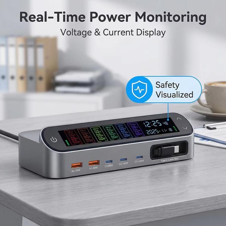 YMX-LCD470W 470W 3xType-C and 2xUSB GaN Smart Digital Display Multi-Function Charger with Type-C Retractable Cable, AU Plug, EU Plug, UK Plug, US Plug