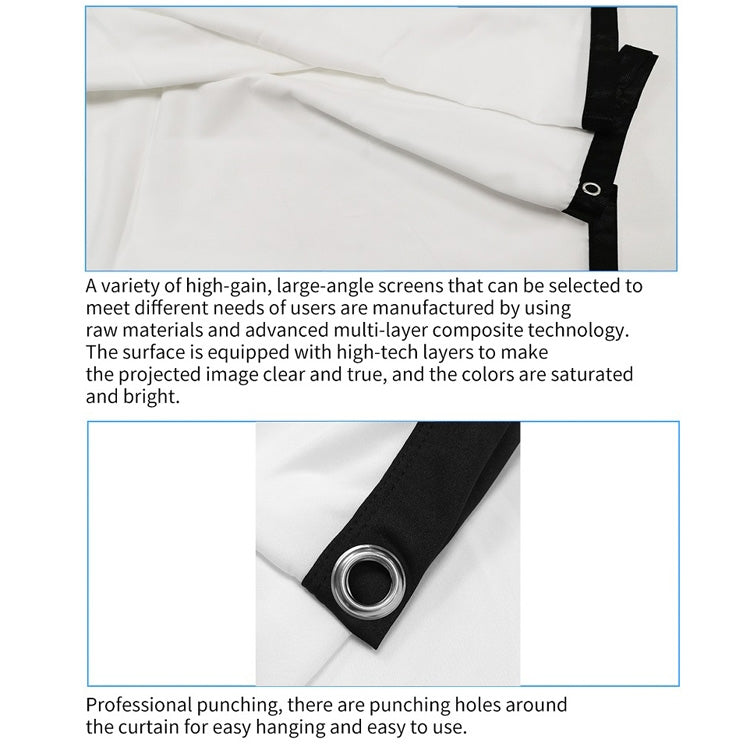 Simple Folding Thin Polyester Projector Film Curtain, 60 inch (16:9) Projection Area: 132x75cm, 60 inch (4:3) Projection Area: 120x90cm, 72 inch (16:9) Projection Area: 159x90cm, 72 inch (4:3) Projection Area: 146x110cm                                 ...