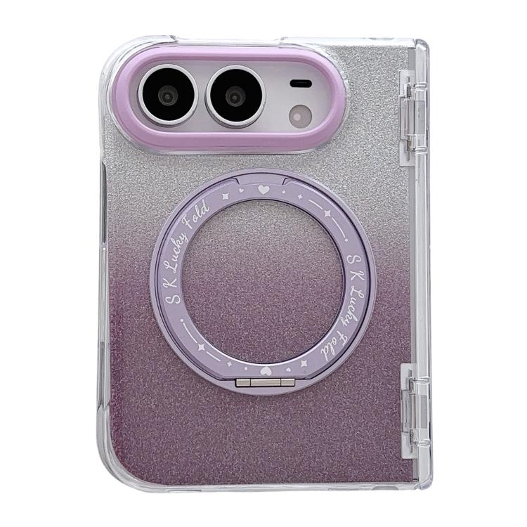 Mirror Shield Spring Central Axis Glitter Magnetic Phone Case with Rotating Holder, For iPhone Duo