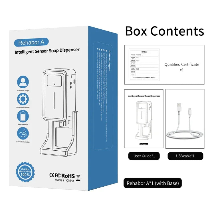 Rehabor A Handsfree Non-contact Body Light-sensitive Distance Sensor Thermometer + 450ml Automatic Non-contact Liquid Soap Spraying Dispenser with Base Mount, Rehabor A