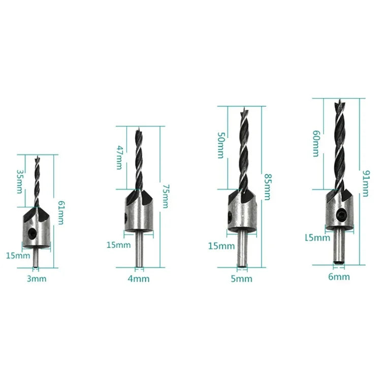 4 in 1 Woodworking Countersink Chamfer Three-Pointed High-Speed Steel Drill Bits Set, 3-6mm, 4 PCS/Set