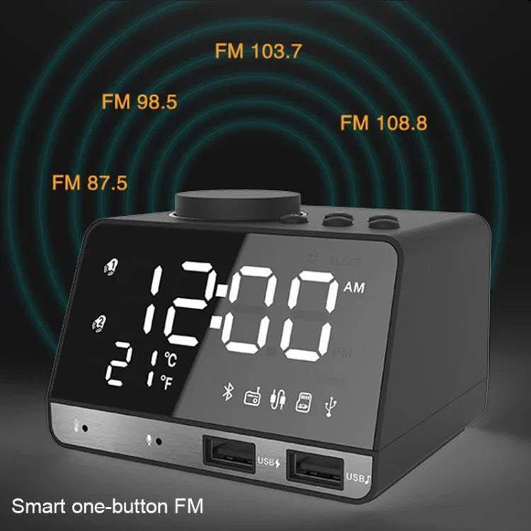 K11 Bluetooth Alarm Clock Speaker Creative Digital Music Clock Display Radio with Dual USB Interface, Support U Disk / TF Card / FM / AUX, US Plug, US Plug(Black), US Plug(White)