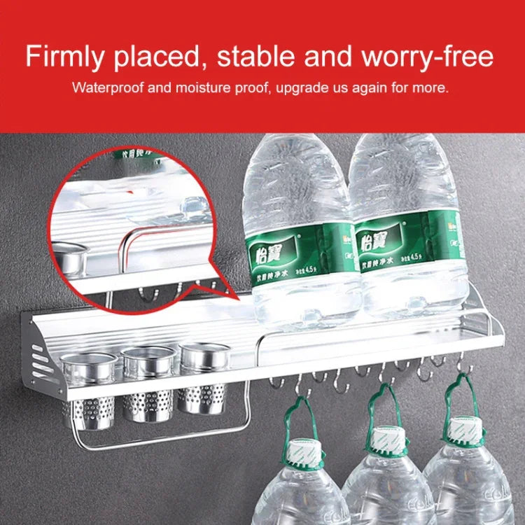 50cm 2 Cups 8 Hooks Multi-function Kitchen Punching-free Wall-mounted Plastic Edge Condiment Holder Storage Rack, 50cm Punching-free Plastic Edge