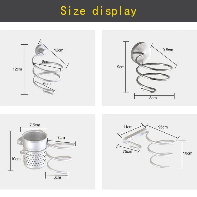 Hair Dryer Holder Wall Mount Hanging Rack Organizer Hook Spiral Bathroom Bracket, With Mesh Holder
