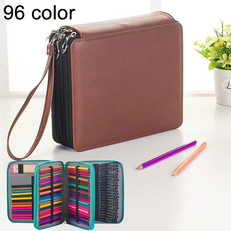 96 Slots Colored Pencil Case PU Leather Drawing Sketch Watercolor Pencils Holder Organizer with Hand Strap, 96 Slots Brown