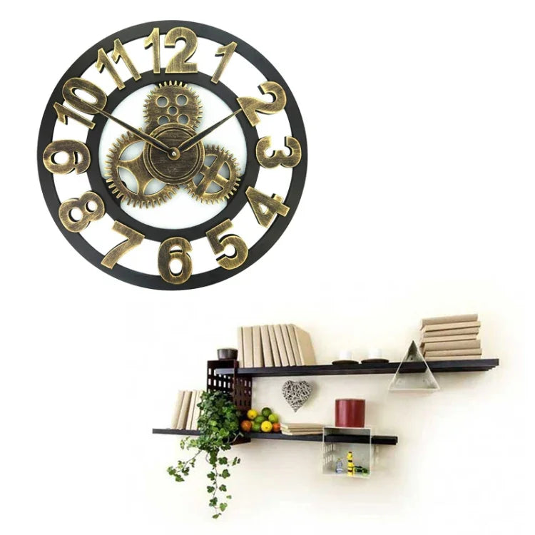Retro Wooden Round Single-sided Gear Clock Number Wall Clock, Diameter: 58cm, Number 58, Number 58cm