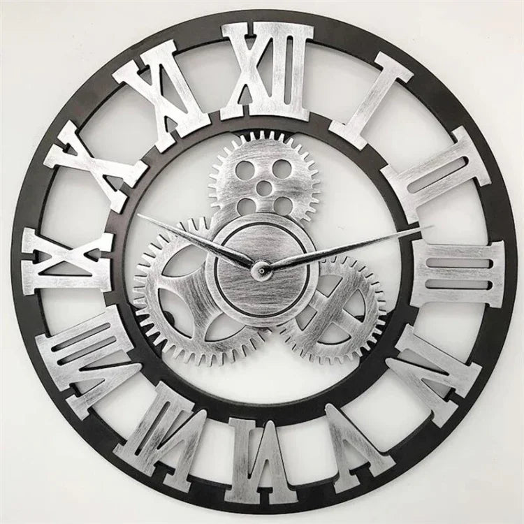 Retro Wooden Round Single-sided Gear Clock Rome Number Wall Clock, Diameter: 58cm, Rome Number 58cm