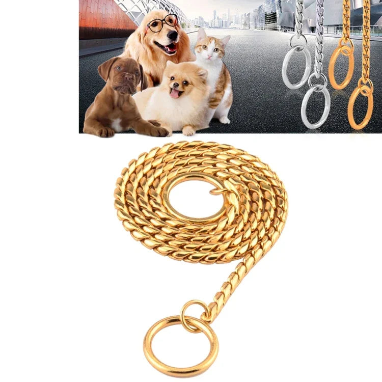 Metal dog collar in a shiny gold chain style, featuring dogs and cats in the background.