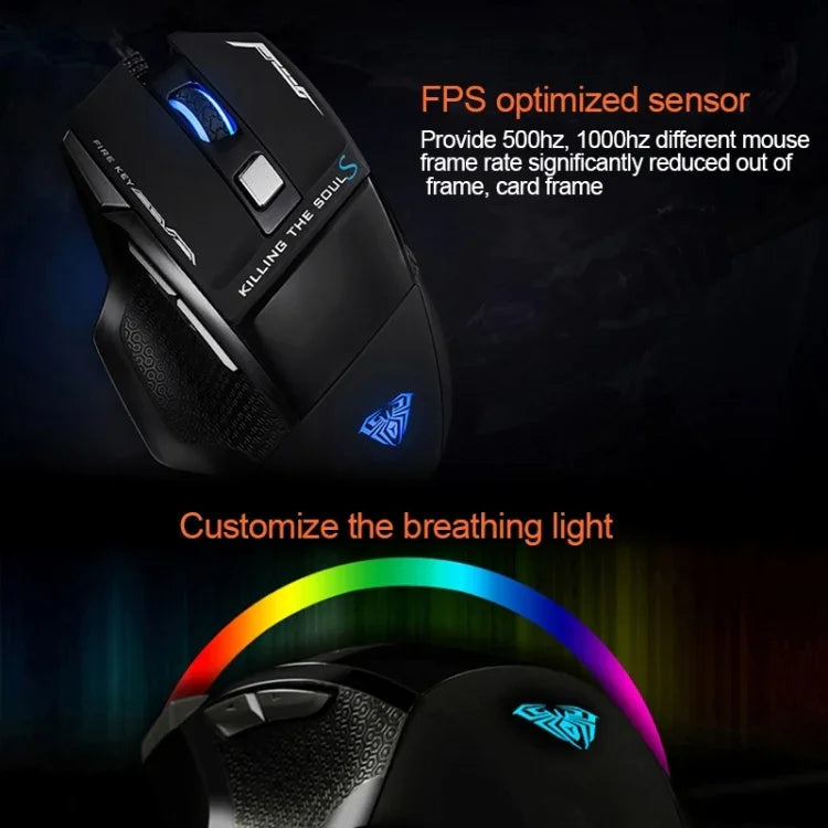 AULA Series SoulKiller II Colourful Light 7D Optical Competitive USB Wired Game Mouse, Maximum Resolution of 3500 DPI, SoulKiller II(B)