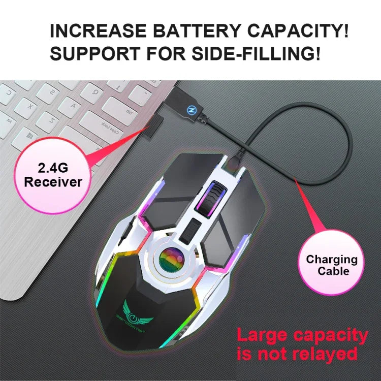 ZERODATE T30 2.4GHz 2400DPI Three-speed Adjustable RGB Backlight Wireless Optical Mouse, T30 White