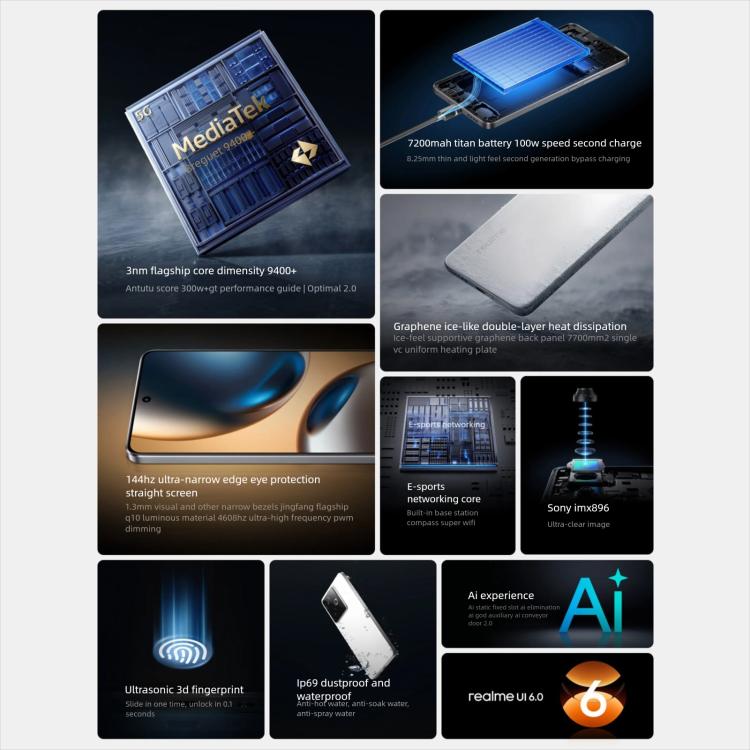 Realme GT7, 12GB+256GB, 6.8 inch Android 15 / Realme UI 6.0 MediaTek Dimensity 9400+ Octa Core, NFC, Network: 5G, Support Google Play, 12GB+256GB