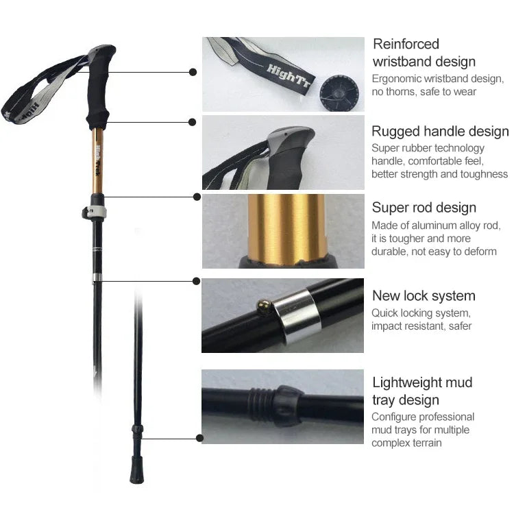 Outdoor Mountaineering Portable Foldable Ultra light Aluminium Alloy Alpenstocks Trekking Poles, Length : 35-125CM, Length : 35-125CM (Gold), Length : 35-125CM (Blue), Length : 35-125CM (Red)