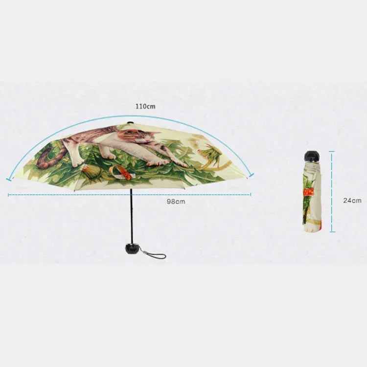 Creative Fashion Three Fold Lazy Cat Pattern Silver Tape Anti Ultraviolet Sunshade Umbrella, Cat Pattern Silver Tape Umbrella