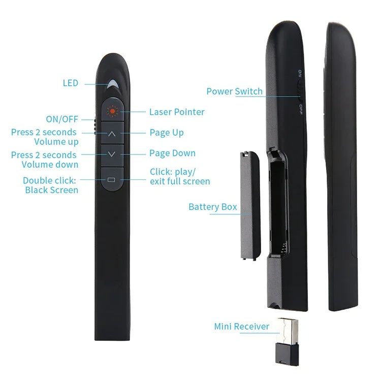 XM930 2.4GHz Wireless Laser PowerPoint Page Turning Pen Multimedia Wireless Presentation Projection Pen with USB Receiver, Support Low Battery Remind, Remote Control Distance: 100m, 100m White, 100m Black