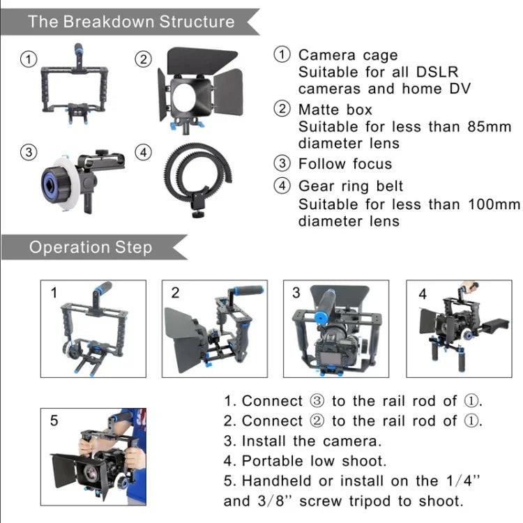 YELANGU YLG1103A-B Large Handle Video Camera Cage Stabilizer + Matte Box Kit for DSLR Camera / Video Camera