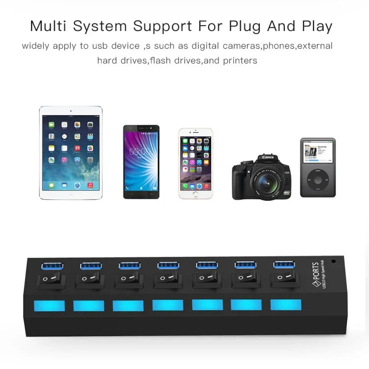 7 Ports USB 3.0 HUB, Super Speed 5Gbps, Plug and Play, Support 1TB, 7 Ports (Black), 7 Ports (White)