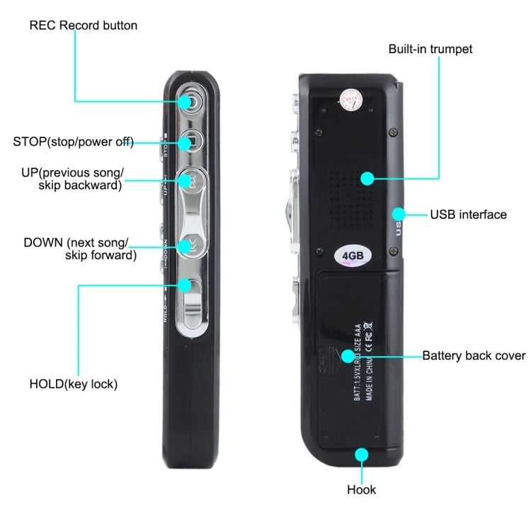 4GB Digital Voice Recorder Dictaphone MP3 Player, Support Telephone Recording, VOX Function(Black)