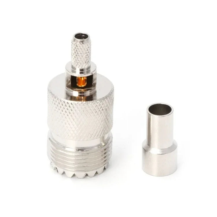 UHF female jack coaxial adapter shown with two connectors, designed for RG316, RG179, RG174, and LMR100 cables.