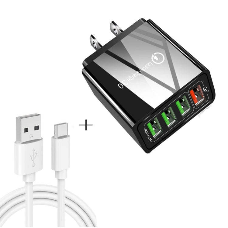 2 in 1 USB to USB-C / Type-C Data Cable + 30W QC 3.0 4 USB Interfaces Mobile Phone Tablet PC Universal Quick Charger Travel Charger Set, US Plug, USB-C / Type-C Set US Plug