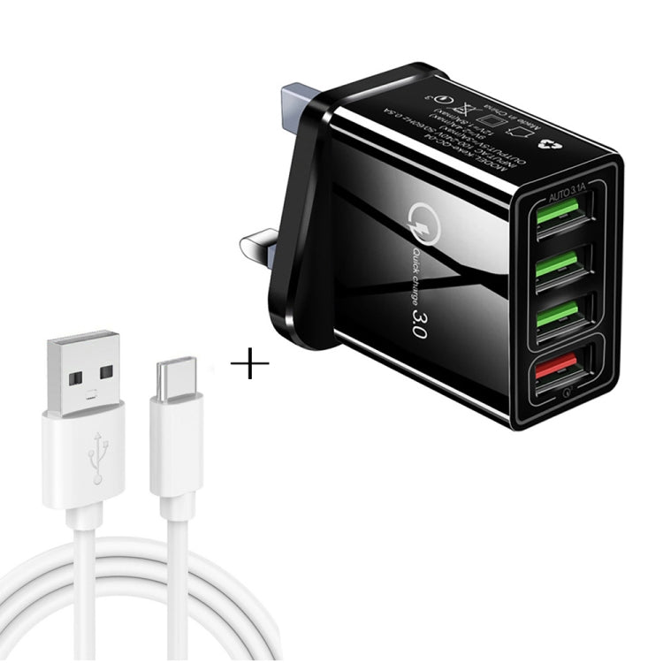 2 in 1 1m USB to USB-C / Type-C Data Cable + 30W QC 3.0 4 USB Interfaces Mobile Phone Tablet PC Universal Quick Charger Travel Charger Set, UK Plug, USB-C / Type-C Set UK Plug