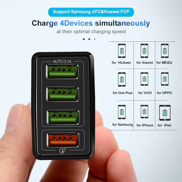 2 in 1 1m USB to 8 Pin Data Cable + 30W QC 3.0 4 USB Interfaces Mobile Phone Tablet PC Universal Quick Charger Travel Charger Set, EU Plug, 8 Pin Set EU Plug