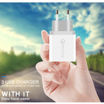 SDC-30W 2 in 1 USB to 8 Pin Data Cable + 30W QC 3.0 USB + 2.4A Dual USB 2.0 Ports Mobile Phone Tablet PC Universal Quick Charger Travel Charger Set, EU Plug, with 8 Pin Cable, EU Plug