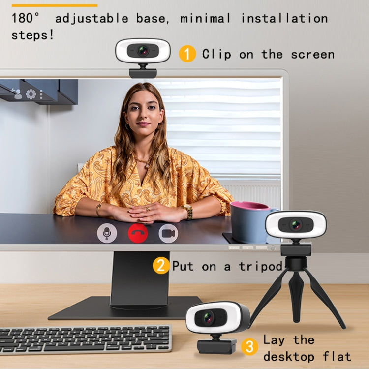 C10 2K HD Without Distortion 360 Degrees Rotate Three-speed Fill Light USB Free Drive Webcams, Built-in  Sound Clearer Microphone