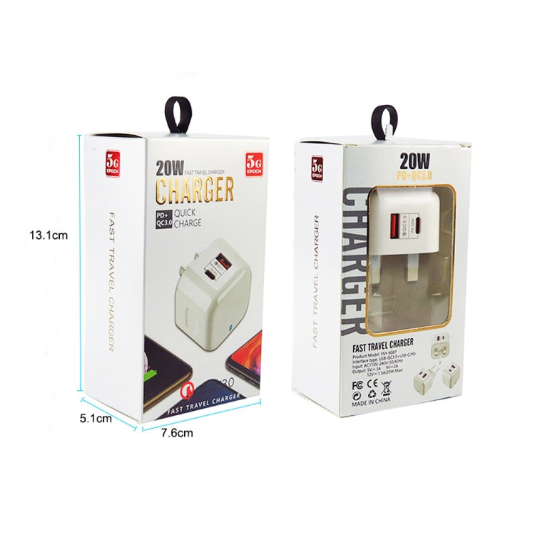 YSY-6087PD 20W PD3.0 + QC3.0 Dual Fast Charge Travel Charger with Type-C to Type-C Data Cable, EU Plug, US Plug, UK Plug
