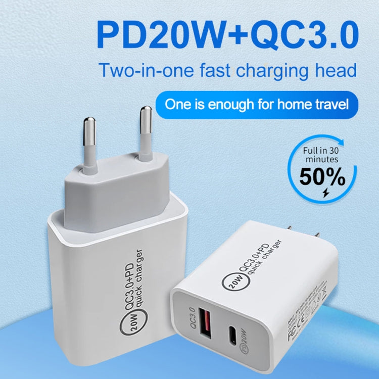 20W PD Type-C + QC 3.0 USB Interface Fast Charging Travel Charger with USB-C / Type-C to 8 Pin Fast Charge Data Cable, EU Plug, US Plug, AU Plug