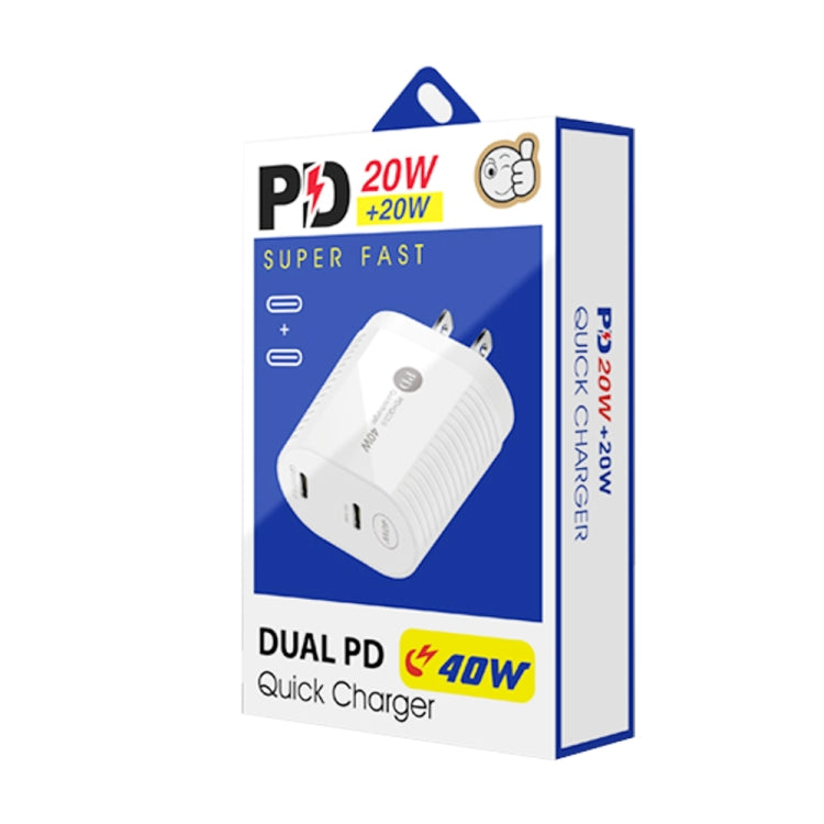 40W Dual Port PD / Type-C Fast Charger with Type-C to Type-C Data Cable, US Plug, US Plug + Type-C to Type-C Cable