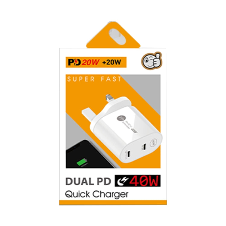 002 40W Dual Port PD / Type-C Fast Charger with USB-C to 8 Pin Data Cable, UK Plug, UK Plug + Type-C to 8 Pin Cable