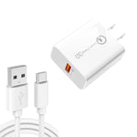 APD-2003 18W QC3.0 Single Port USB Charger with 1m USB to Type-C Data Cable, EU Plug + USB to Type-C Cable, US Plug + USB to Type-C Cable