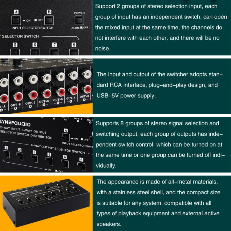 2 In 8 Out RCA Audio Frequency Signal Select Switch Distributor, 2 In 8 Out