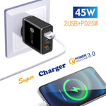 45W PD3.0 + 2 x QC3.0 USB Multi Port Quick Charger, EU Plug, EU Plug