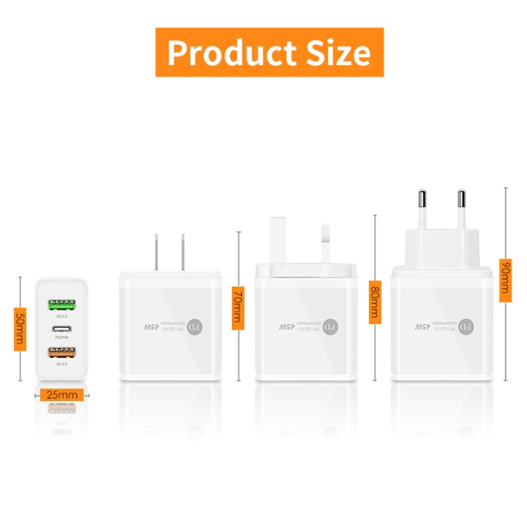 45W PD3.0 + 2 x QC3.0 USB Multi Port Quick Charger, EU Plug, EU Plug