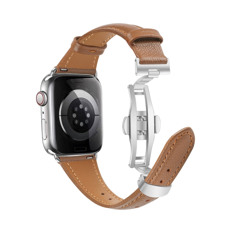 Plain Leather Butterfly Buckle Watch Band, For Apple Watch SE 2023 44mm, For Apple Watch SE 2023 40mm, For Apple Watch Ultra 2 49mm, For Apple Watch Series 9 45mm