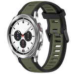 Two color silicone watch band for Galaxy Watch, featuring black and olive green design with quick-release mechanism.