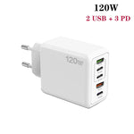 120W PD3.0 3 Type-C 2 USB Multi Port Quick Charger with Type-C to Type-C Cable, EU Plug, EU Plug + C to C Cable