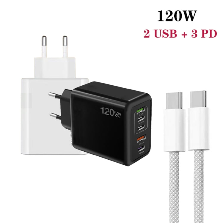 120W PD3.0 3 Type-C 2 USB Multi Port Quick Charger with Type-C to Type-C Cable, EU Plug, EU Plug + C to C Cable