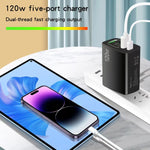 120W PD3.0 3 Type-C 2 USB Multi Port Quick Charger with Type-C to Type-C Cable, EU Plug, EU Plug + C to C Cable