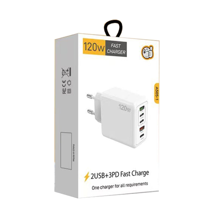 120W PD3.0 3 Type-C 2 USB Multi Port Quick Charger with Type-C to Type-C Cable, EU Plug, EU Plug + C to C Cable