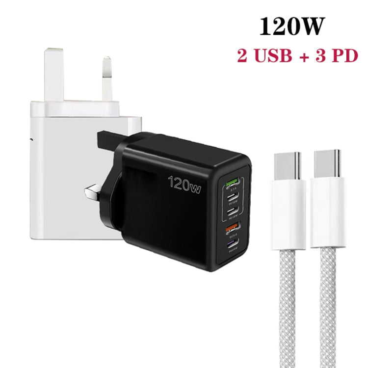 120W PD3.0 3 Type-C 2 USB Multi Port Quick Charger with Type-C to Type-C Cable, UK Plug, UK Plug + C to C Cable