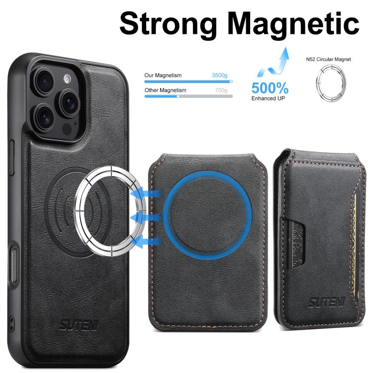 Suteni M3 Card Bag MagSafe Cowhide Texture Leather Phone Case, For iPhone 13 Pro Max, For iPhone 13 Pro, For iPhone 13, For iPhone 12, For iPhone 12 Pro Max, For iPhone 12 Pro