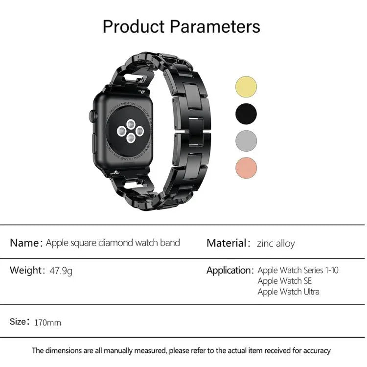 Square Diamond Zinc Alloy Watch Band, For Apple Watch 46mm / 49mm / 45mm / 44mm, For Apple Watch 42mm / 41mm / 40mm / 38mm
