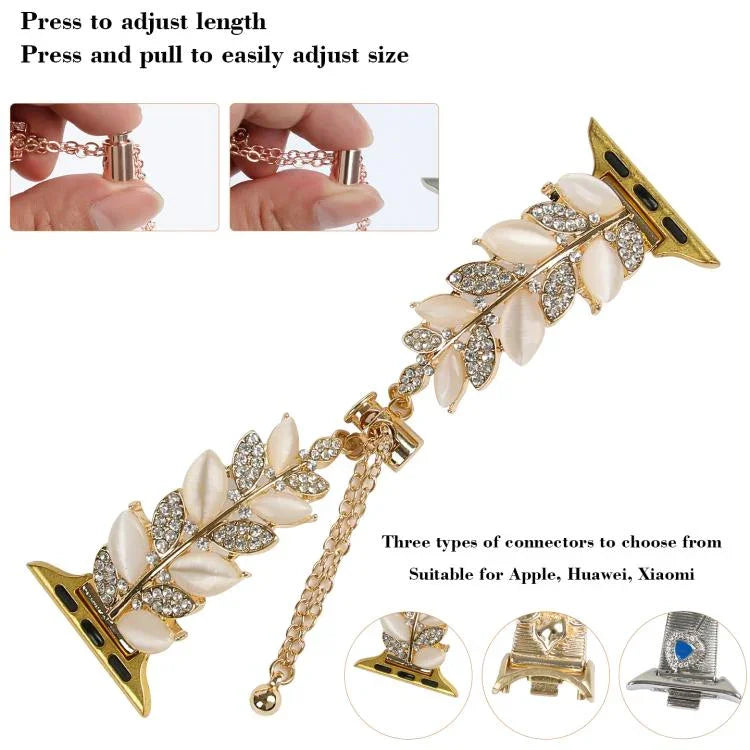 Leaf Shaped Diamond Studded Bracelet Alloy Watch Band, For Apple Watch 46mm / 49mm / 45mm / 44mm, For Apple Watch 42mm / 41mm / 40mm / 38mm