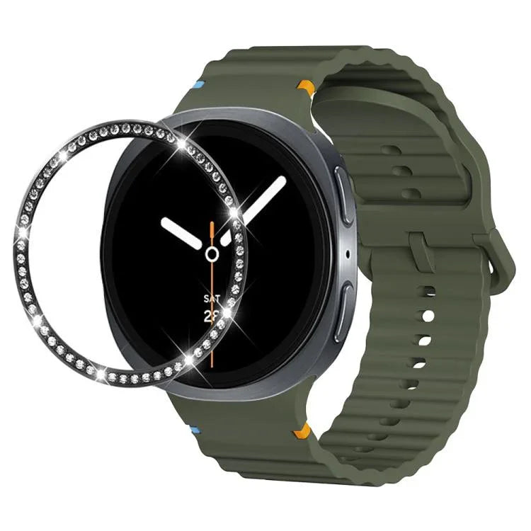 Diamond Bezel and Wavy Grain Stitched Color Buckle Silicone Watch Band, For Samsung Galaxy Watch8 44mm, For Samsung Galaxy Watch8 40mm