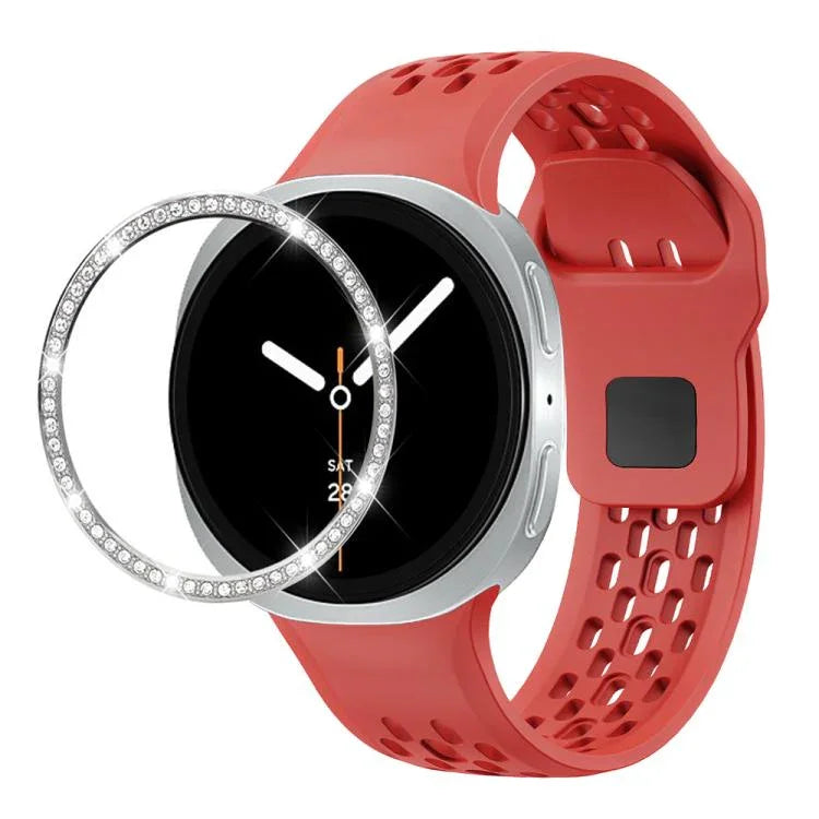 Diamond Bezel and Black Reverse Buckle Silicone Watch Band, For Samsung Galaxy Watch8 44mm, For Samsung Galaxy Watch8 40mm
