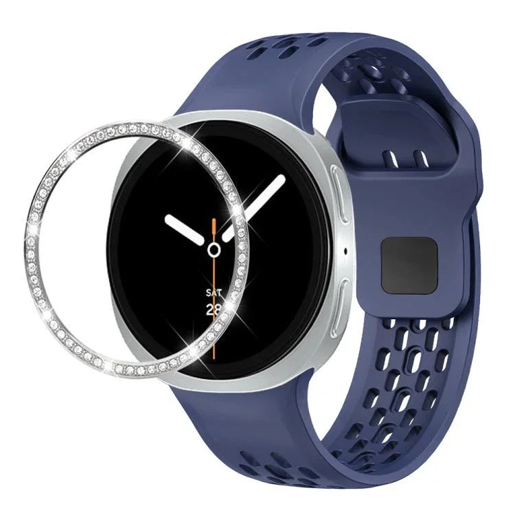 Diamond Bezel and Black Reverse Buckle Silicone Watch Band, For Samsung Galaxy Watch8 44mm, For Samsung Galaxy Watch8 40mm