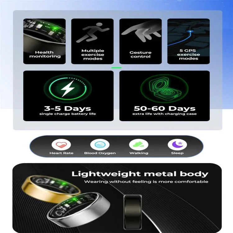 R100 SIZE 9 Smart Ring, Support Heart Rate / Blood Oxygen / Sleep Monitoring / Remote Photography